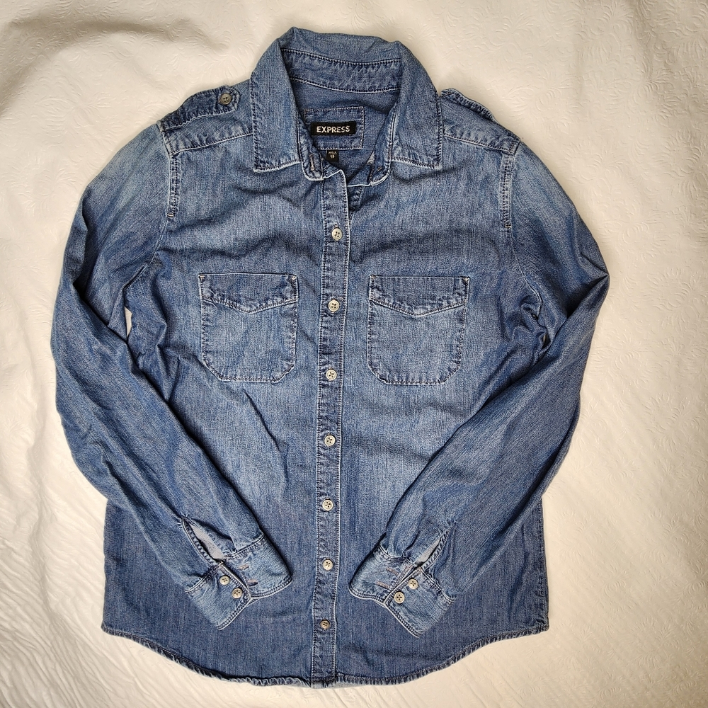 Express Shirt Denim Button Down Blue Long Sleeve Women's Size XS
